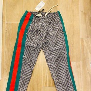 MINT GUCCI Mens L GG Logo Jogger Pants: Navy/Grey Monogram Green Red Side Stripe